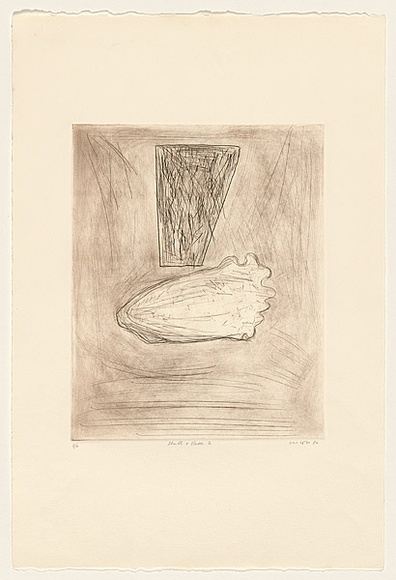 Title: b'Shell and vase 2' | Date: 1980 | Technique: b'drypoint, printed in sepia ink, from one perspex plate'