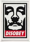 Title: b'Disobey [sticker]' | Technique: b'screenprint, printed in red and black ink, from two stencils'