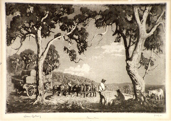 Artist: b'LINDSAY, Lionel' | Title: b'Teamsters' | Date: 1923 | Technique: b'aquatint and roulette, printed in black ink, from one plate' | Copyright: b'Courtesy of the National Library of Australia'