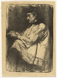 Artist: b'TRAILL, Jessie' | Title: b'The seated priest' | Date: c.1907 | Technique: b'chalk lithograph, printed in black ink, from one stone'