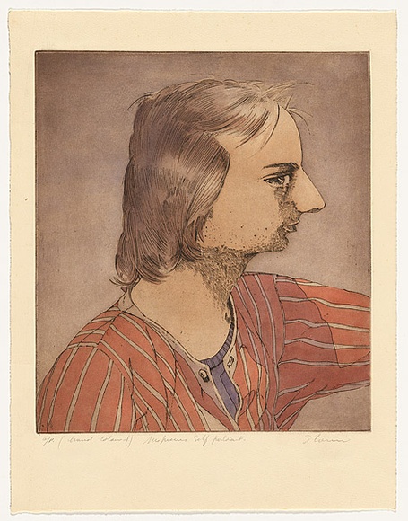 Artist: b'Storrier, Tim.' | Title: b'A suspicious self-portrait' | Date: 1976 | Technique: b'etching, printed in black ink, from one plate; hand-coloured' | Copyright: b'\xc2\xa9 Tim Storrier'