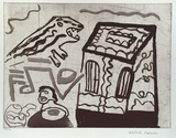 Artist: Marnell, Wayne. | Title: not titled [house, monster and man] | Date: 2000, February | Technique: etching, printed in black ink, from one plate | Copyright: Courtesy of Arts Project Australia