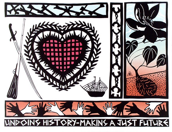 Artist: b'REDBACK GRAPHIX' | Title: b'Undoing history - making a just future.' | Date: 1988 | Technique: b'screenprint, printed in colour, from three stencils'