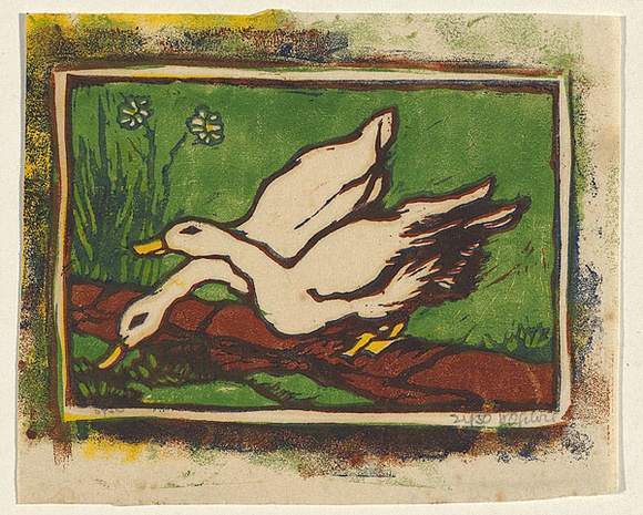 Artist: b'OGILVIE, Helen' | Title: b'Ducks' | Date: c.1938 | Technique: b'linocut, printed in black ink, from one block; hand-coloured'