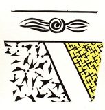 Artist: b'MERD INTERNATIONAL' | Title: b'(Black and white design with yellow crosshatched triangle No.7)' | Date: 1984 | Technique: b'screenprint'