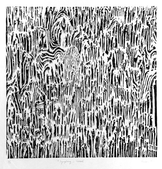 Artist: b'SHEARER, Mitzi' | Title: b'Symphony in wood' | Date: 1981 | Technique: b'woodcut, printed in black ink, from one block, hand touched with crayon'