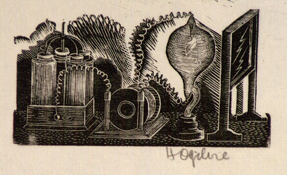 Artist: b'OGILVIE, Helen' | Title: b'not titled [Early electrical equipment]' | Date: (1947) | Technique: b'wood-engraving, printed in black ink, from one block'