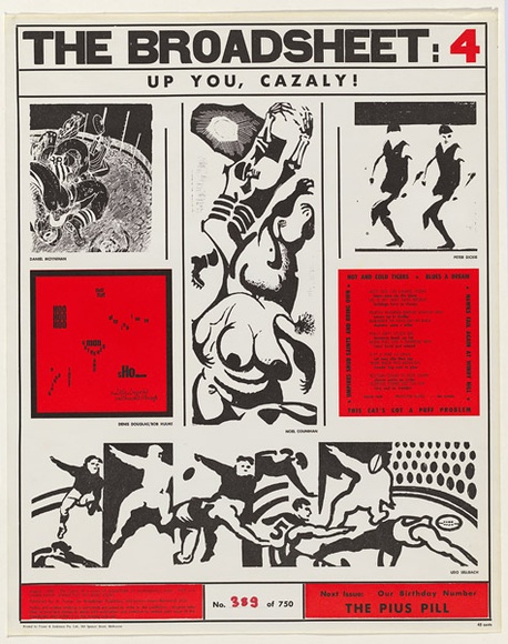 Artist: b'Counihan, Noel.' | Title: b'The Broadsheet 4: Up you, Cazaly! - 6 individual prints by 5 artists on one sheet.' | Date: 1968 | Technique: b'relief-etching, printed in colour, from two blocks'