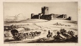 Artist: LINDSAY, Lionel | Title: Castle Coca, Spain | Date: 1927 | Technique: drypoint, printed in brown ink with plate-tone, from one plate | Copyright: Courtesy of the National Library of Australia