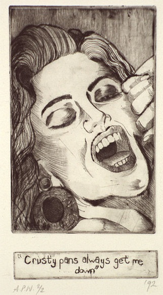 Artist: b'McKeever, Johanne.' | Title: b'Crusty pans always get me down' | Date: 1992, July | Technique: b'etching, printed in black ink, from two plates'