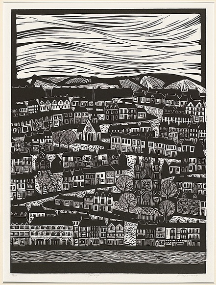 Title: b'Corcaigh' | Date: c.2009 | Technique: b'linocut, printed in black ink, from one block'