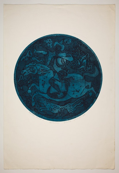 Artist: b'Haxton, Elaine' | Title: b'Huntsman' | Date: 1967 | Technique: b'etching and aquatint, printed in blue ink, from one plate'