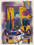 Artist: Morrocco, Leon Francesco. | Title: not titled [interior; table with vase, fruit bowl, cup etc] | Date: 1985 | Technique: lithograph, printed in colour, from multiple stones