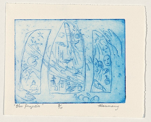 Artist: b'DOUMANY, Mary' | Title: b'Blue projectile' | Date: 1999 | Technique: b'engraving, printed in blue ink, from one perspex plate'