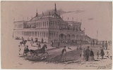 Artist: b'GILL, S.T.' | Title: b'The Melbourne Exhibition Building, northwest angle.' | Date: 1854 | Technique: b'lithograph, printed in black ink, from one stone'