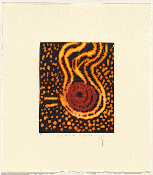Artist: b'Japaljarri Sims, Paddy' | Title: b'warlu yanjirlpiri-rla jukurrpa' | Date: 2003 | Technique: b'etching, printed in colour, from one zinc plate'