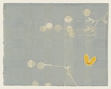 Artist: McPherson, Megan. | Title: not titled [pale blue weave pattern with abstracted white branches and yellow butterfly] | Date: 1999, October - November | Technique: relief, printed in colour from multiple blocks; inkjet print stitched on with silk thread