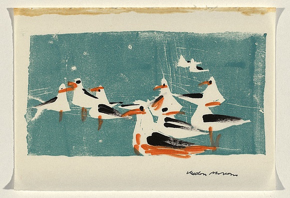 Title: b'Card: [gulls]' | Date: c.1954 | Technique: b'linocut, printed fromone block; hand-coloured in felt tip pens'