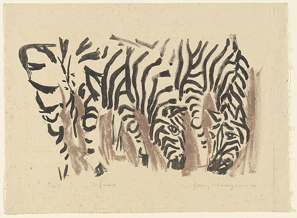 Artist: b'MACQUEEN, Mary' | Title: b'Africa' | Date: 1973 | Technique: b'lithograph, printed in colour, from two plates in black and brown ink' | Copyright: b'Courtesy Paulette Calhoun, for the estate of Mary Macqueen'