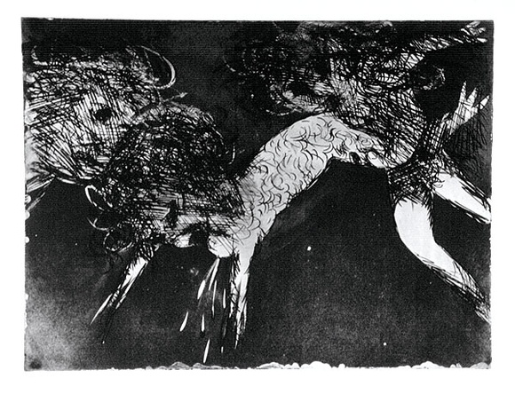 Artist: b'BOYD, Arthur' | Title: b'Wrestling figures (Elektra backdrop).' | Date: 1962-63 | Technique: b'etching and aquatint, printed in black ink, from one plate' | Copyright: b'Reproduced with permission of Bundanon Trust'