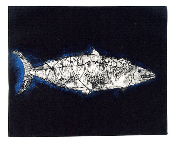 Artist: b'Shepherdson, Gordon.' | Title: b'The Mackerel: Number five' | Date: 1979 | Technique: b'etching and aquatint, printed in colour with plate-tone, from one plate'