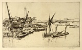 Artist: b'LONG, Sydney' | Title: b'The river from Blackfriars Bridge' | Date: 1925 | Technique: b'line-etching, drypoint printed in black ink from one copper plate' | Copyright: b'Reproduced with the kind permission of the Ophthalmic Research Institute of Australia'