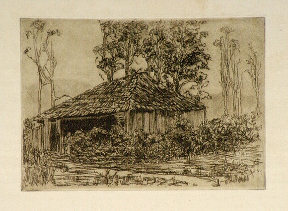 Artist: b'Dwyer, Ella.' | Title: b'A bush hut.' | Date: c.1935 | Technique: b'etching, printed in brown ink with plate-tone, from one plate'