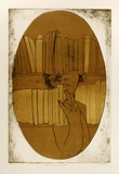 Artist: b'BALDESSIN, George' | Title: b'Personage, window and books.' | Date: 1973 | Technique: b'etching and aquatint, printed in brown ink, from one plate; over stencil, printed in brown and yellow ink, from multiple stencils.'