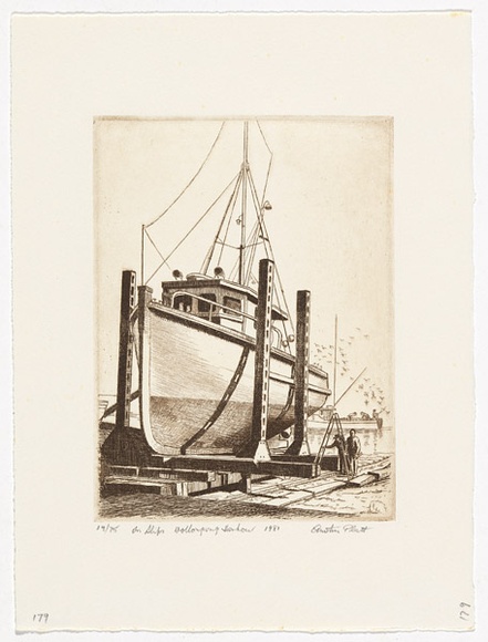 Artist: b'PLATT, Austin' | Title: b'On slips, Wollongong harbour' | Date: 1981 | Technique: b'etching, printed in black ink, from one plate'