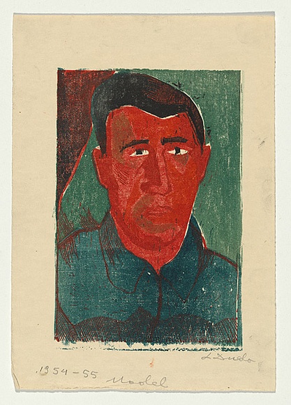 Artist: b'Groblicka, Lidia.' | Title: b'Model [portrait of a man].' | Date: 1954-55 | Technique: b'woodcut, printed in colour, from multiple blocks'