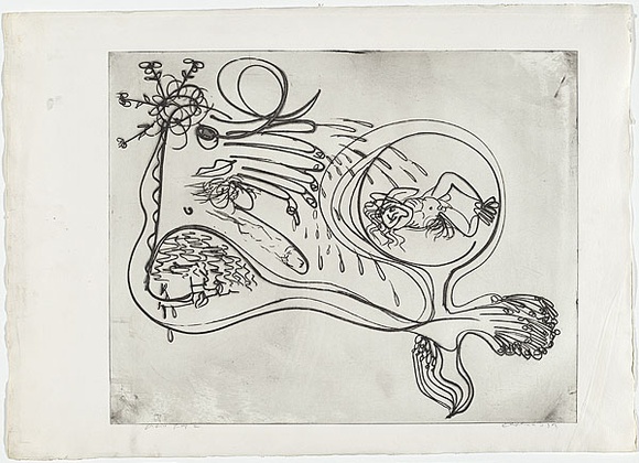 Artist: b'BOYD, Arthur' | Title: b'Potter with reclining nude insert.' | Date: (1968-69) | Technique: b'etching, printed in black ink, from one plate' | Copyright: b'Reproduced with permission of Bundanon Trust'