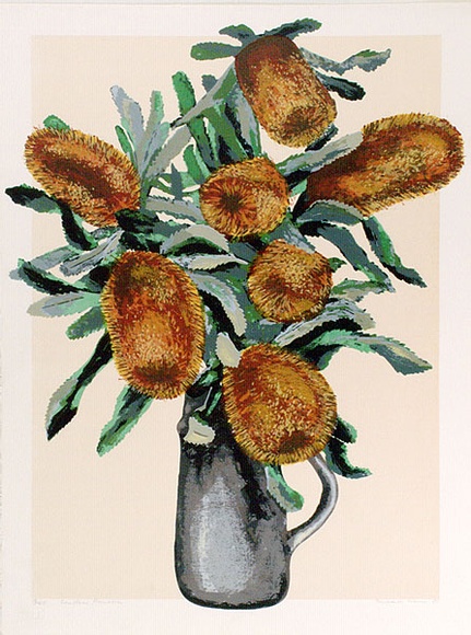 Artist: b'Coburn, Barbara.' | Title: b'Coastal banksia.' | Date: 1981 | Technique: b'screenprint, printed in colour, from seven stencils; additional hand-colouring'