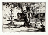 Artist: b'Glover, Allan.' | Title: bParker's cottage, Moonta Mines | Date: 1929 | Technique: b'etching, printed in brown ink, from one plate'