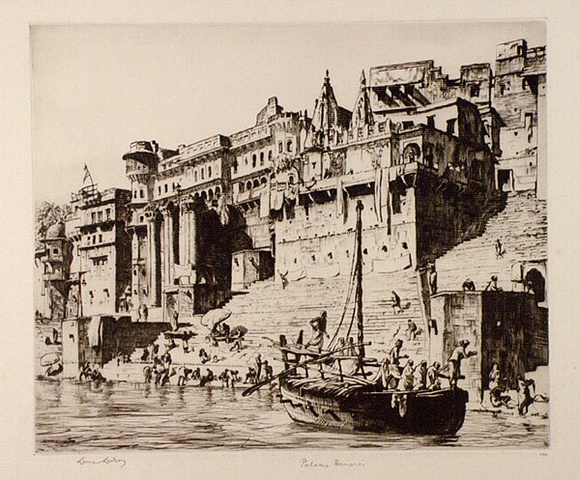 Artist: b'LINDSAY, Lionel' | Title: b'Palaces, Benares' | Date: 1930 | Technique: b'drypoint, printed in brown ink, from one plate' | Copyright: b'Courtesy of the National Library of Australia'