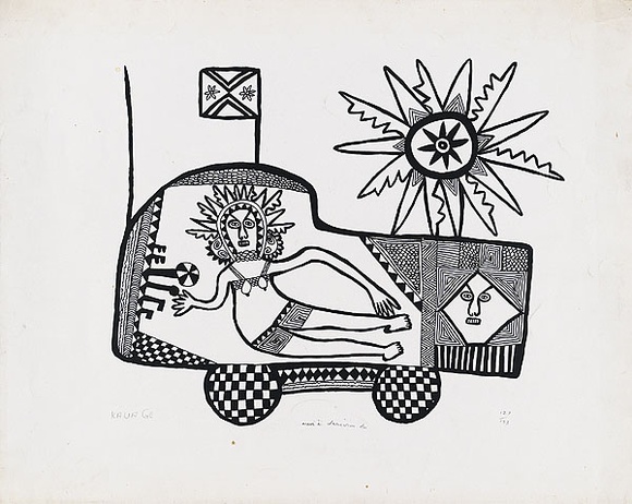 Artist: b'Kauage, Mathias.' | Title: b'Meri i draivim ka  [Woman driving a car]' | Date: c.1976 | Technique: b'screenprint, printed in black ink, from one screen'