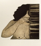 Artist: b'BALDESSIN, George' | Title: b'Personage and blind.' | Date: 1973 | Technique: b'etching and aquatint, printed in black ink, from one shaped plate, over blue ink.'