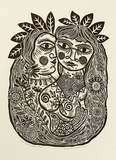Artist: HANRAHAN, Barbara | Title: Lovers with a bird. | Date: 1989 | Technique: linocut, printed in black ink, from one block