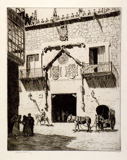 Artist: LINDSAY, Lionel | Title: Casa del Cordon, Burgos, Spain | Date: 1928 | Technique: etching, printed in warm black ink, from one plate | Copyright: Courtesy of the National Library of Australia