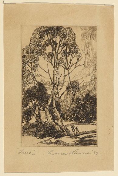 Artist: b'Nimmo, Lorna.' | Title: b'Trees' | Date: 1939 | Technique: b'etching, printed in brown ink, from one plate'