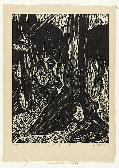 Artist: b'AMOR, Rick' | Title: b'Forest in Somerset.' | Date: 1987 | Technique: b'woodcut, printed in black ink, from one block'