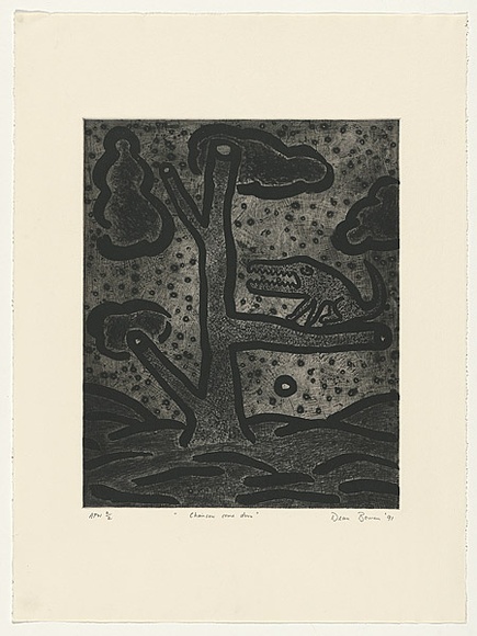 Artist: b'Bowen, Dean.' | Title: b'Chainsaw come down' | Date: 1991 | Technique: b'etching, aquatint, scraping and burnishing, printed in black ink, from one plate'