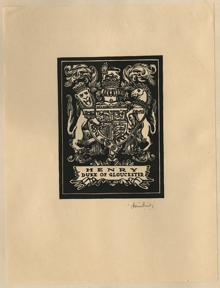 Artist: b'FEINT, Adrian' | Title: b'Bookplate: Henry, Duke of Gloucester.' | Date: (1934) | Technique: b'wood-engraving, printed in black ink, from one block' | Copyright: b'Courtesy the Estate of Adrian Feint'