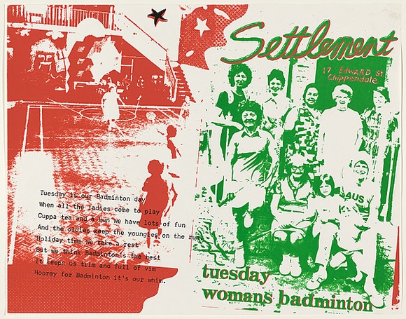 Artist: b'WORSTEAD, Paul' | Title: b'Settlement, Tuesday womans badminton' | Date: 1976 | Technique: b'screenprint, printed in colour, from multiple stencils' | Copyright: b'This work appears on screen courtesy of the artist'