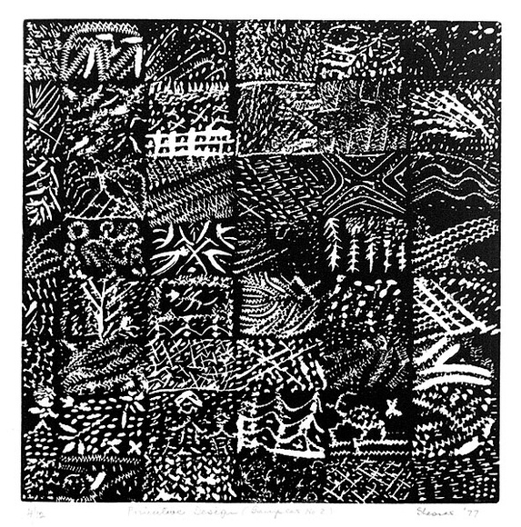 Artist: b'SHEARER, Mitzi' | Title: b'Primitive design (sampler no.2)' | Date: 1977 | Technique: b'linocut, printed in black ink, from one block'