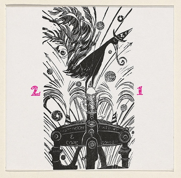 Title: 21: Lyrebird Press | Date: 1998 | Technique: wood-engraving, printed in black ink, from one block; hand-drawn addition of pink felt-tip pen