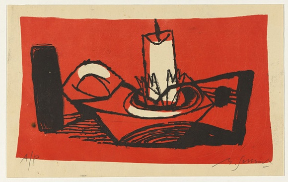 Artist: b'SELLBACH, Udo' | Title: b'(Still life with candle)' | Date: 1950s | Technique: b'lithograph, printed in colour, from two stones [or plates]'