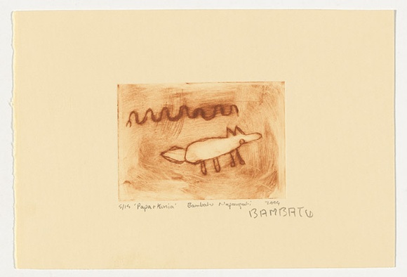 Artist: NAPANGATI, Bombatu | Title: Papa and Kunia | Date: 2004 | Technique: drypoint etching, printed in brown ink, from one perspex plate