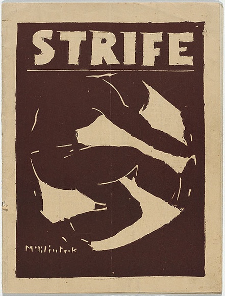 Artist: b'McClintock, Herbert.' | Title: b'Strife [Cover].' | Date: 13 October 1930 | Technique: b'linocut, printed in brown ink, from one block' | Copyright: b'\xc2\xa9 Marie McClintock'