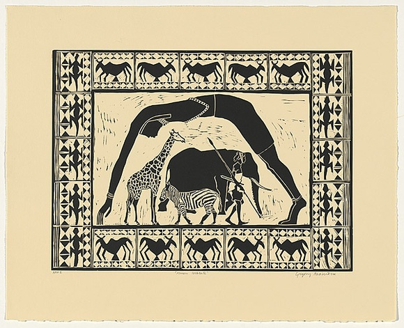 Artist: b'Alexander, Gregory.' | Title: b'African folktale' | Date: 1995, October | Technique: b'linocut, printed in black ink, from one block'