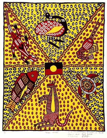 Artist: b'Campbell (Jnr.), Robert' | Title: b'Tribal totems' | Date: 1989 | Technique: b'screenprint, printed in colour, from multiple stencils' | Copyright: b'Courtesy of Rolsyn Oxley9 Gallery'